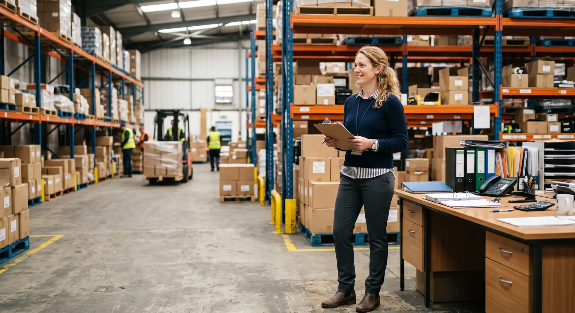 A smiling woman in smart casual clothing stands holding a clipboard next to an office desk in a large warehouse, with tall shelves full of cardboard boxes in the background. | clarus wms A smiling woman in smart casual clothing stands holding a clipboard next to an office desk in a large warehouse, with tall shelves full of cardboard boxes in the background.